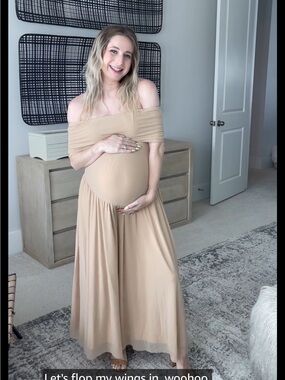 Off-Shoulder Maternity Maxi Dress in Beige